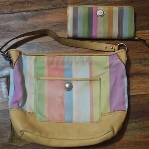 Authentic Coach Pastel Stripe Canvas Shoulder Bag + Matching Wallet Set
